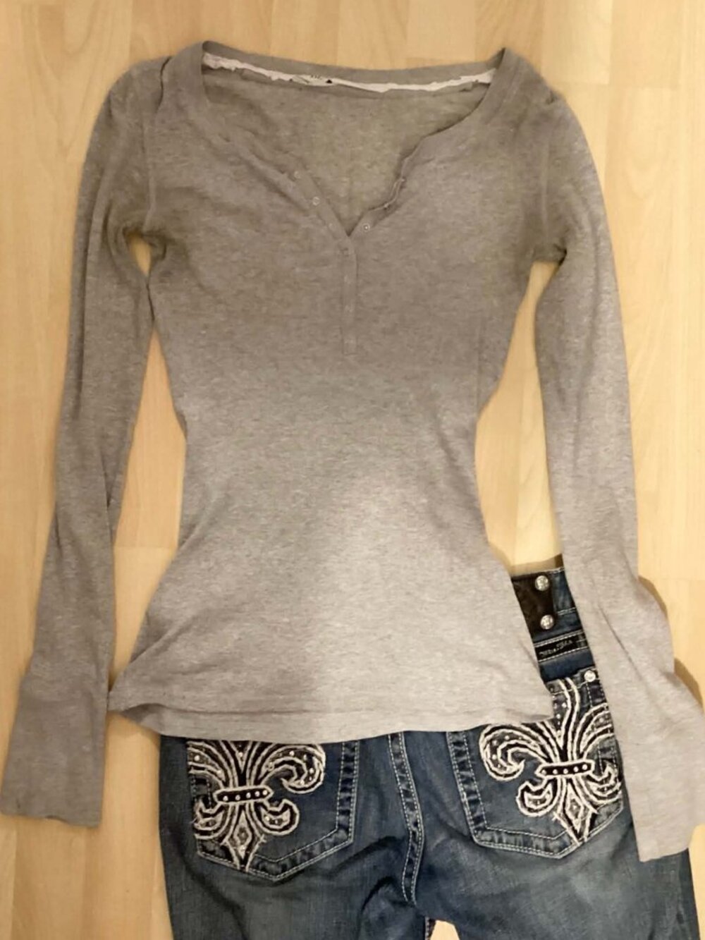 Y2K Grey Ribbed Long Sleeve Henley Top